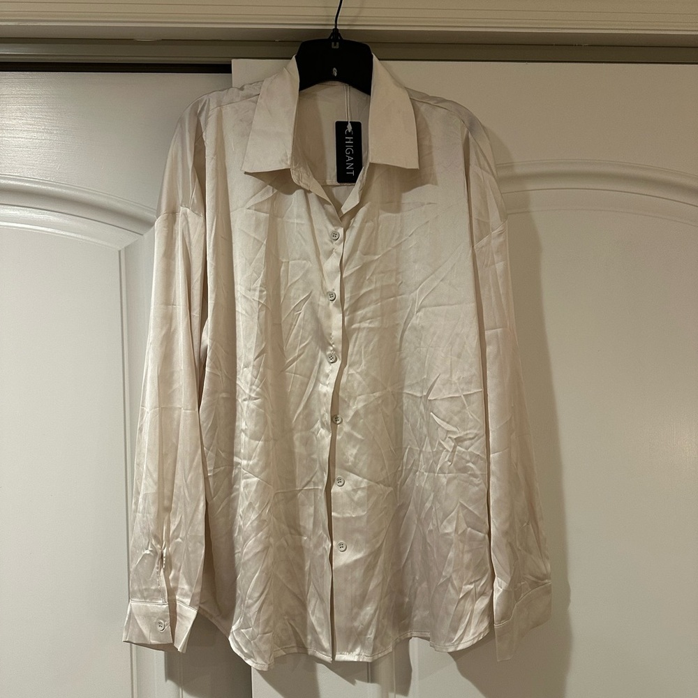 Cream Satin Button-Up Shirt